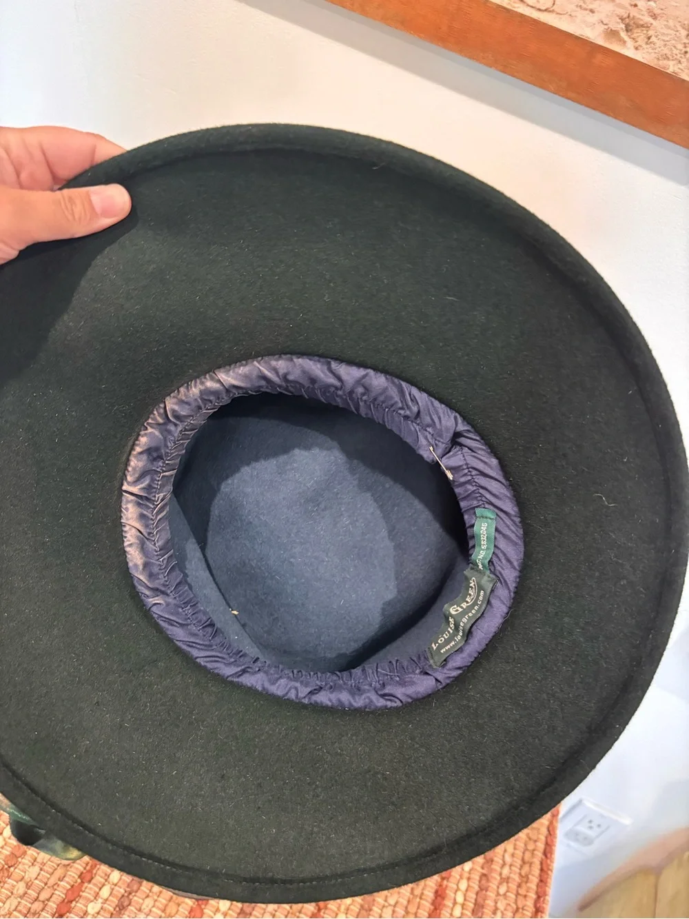 Louise Green Designer Wool Felt Wide Brim Floral Church Derby Hat Blue Green USA
